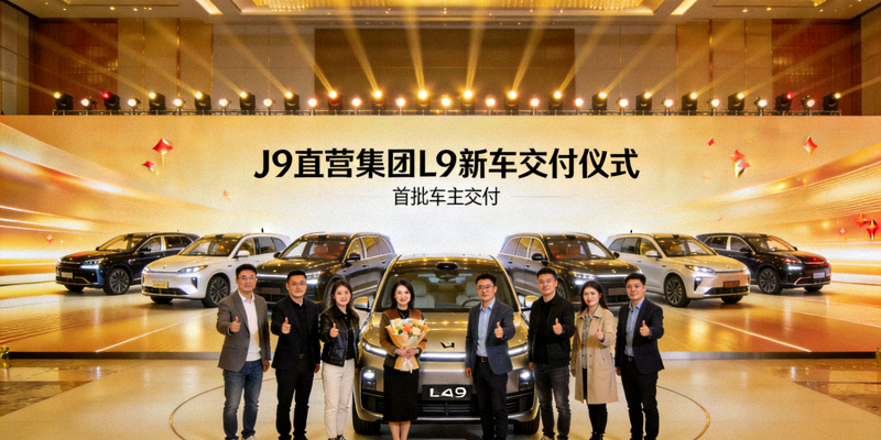 J9直营集团L9新车交付仪式现场 - 首批车主合影与新车阵列