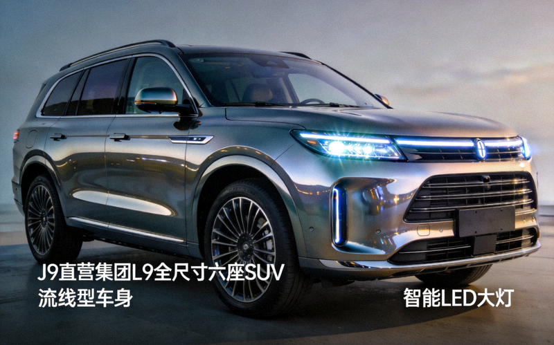J9直营集团L9全尺寸六座SUV外观展示 - 流线型车身与智能LED大灯